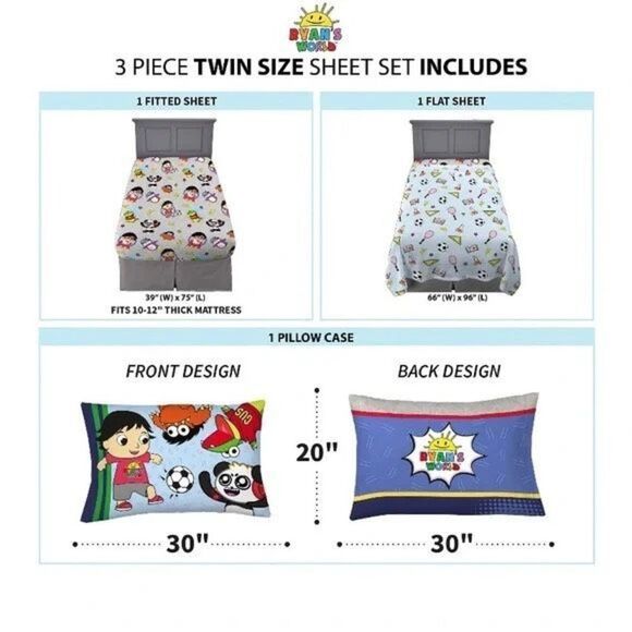 NEW Ryan's World Kids 3 Piece Twin Sheet Set Pocketwatch Soft  - Picture 9 of 10